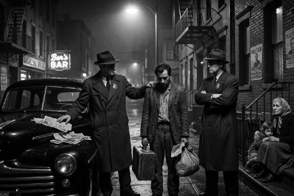 Black and white Noir Gangster image showing USCIS agents shake down an immigrant family for money