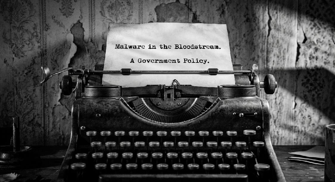 Black and white old typewriter with copy that reads Malware in the Bloodstream.
