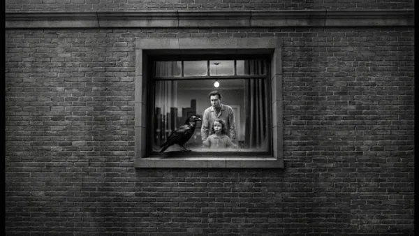 A jet black raven perches on a windowsill in front of a man and little girl. Noir