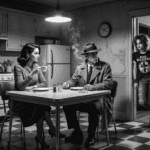 Cyber-noir couple sits in a 1940's kitchen. A Cyber-punk teen stands in the doorway looking defiant.