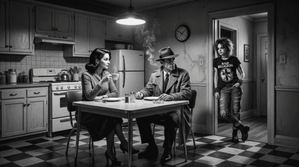 Cyber-noir couple sits in a 1940's kitchen. A Cyber-punk teen stands in the doorway looking defiant.
