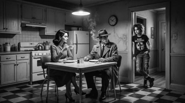 Cyber-noir couple sits in a 1940's kitchen. A Cyber-punk teen stands in the doorway looking defiant.