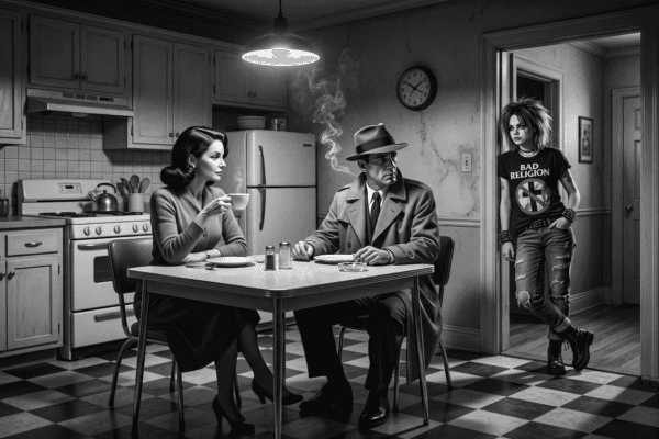 Cyber-noir couple sits in a 1940's kitchen. A Cyber-punk teen stands in the doorway looking defiant.
