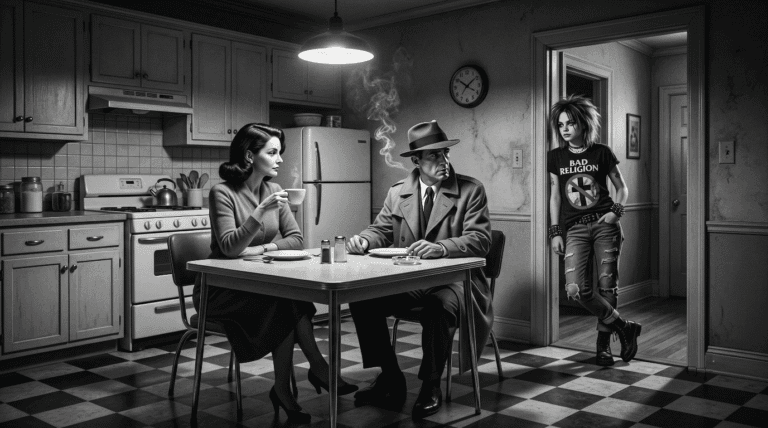 Cyber-noir couple sits in a 1940's kitchen. A Cyber-punk teen stands in the doorway looking defiant.