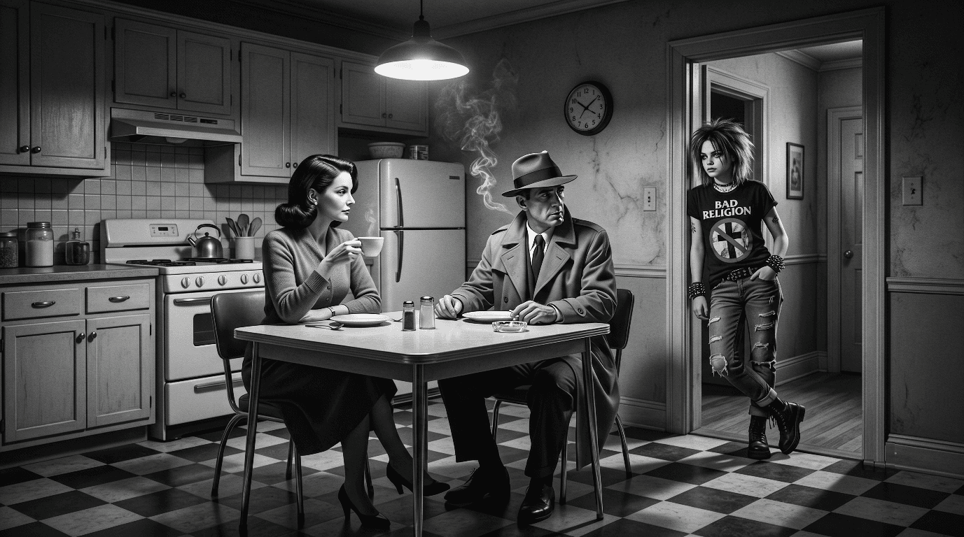 Cyber-noir couple sits in a 1940's kitchen. A Cyber-punk teen stands in the doorway looking defiant.