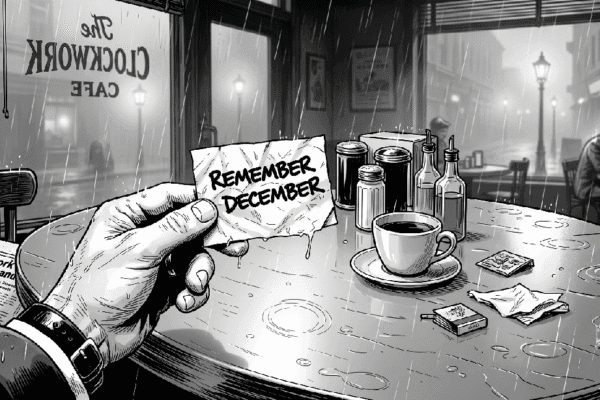 Hand holding a cryptic note that reads"Remember December".