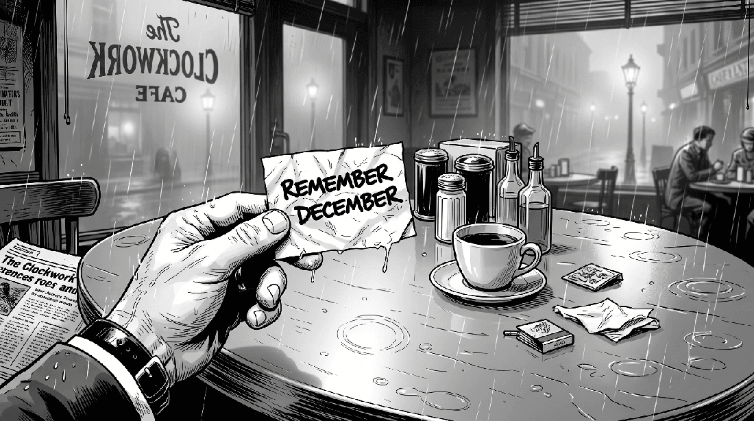 Hand holding a cryptic note that reads"Remember December".