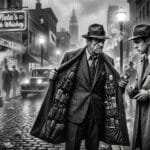Noir. Black and white. A shady character sells cell phones and batteries from the inside pockets of his long, open, overcoat on the streets of a Noir city.