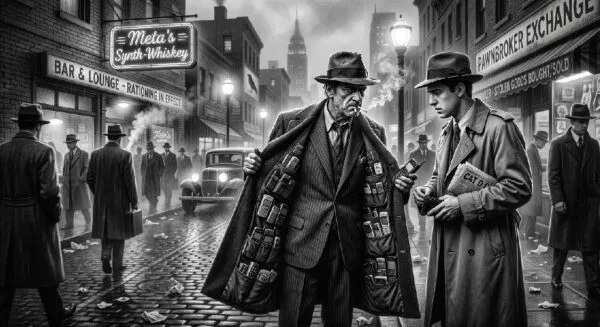 Noir. Black and white. A shady character sells cell phones and batteries from the inside pockets of his long, open, overcoat on the streets of a Noir city.