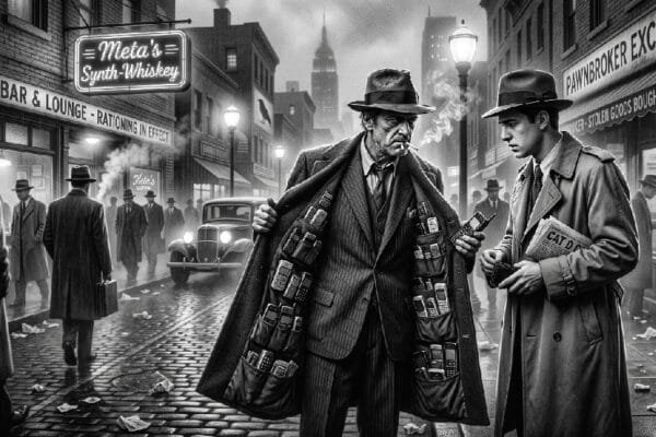 Noir. Black and white. A shady character sells cell phones and batteries from the inside pockets of his long, open, overcoat on the streets of a Noir city.