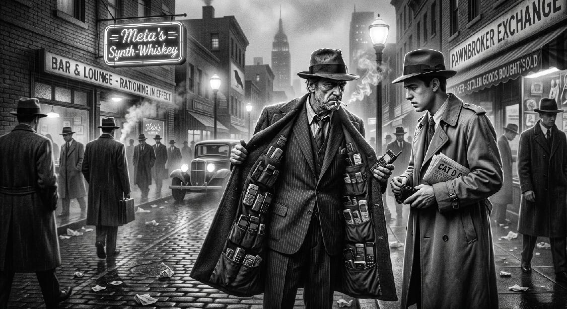 Noir. Black and white. A shady character sells cell phones and batteries from the inside pockets of his long, open, overcoat on the streets of a Noir city.