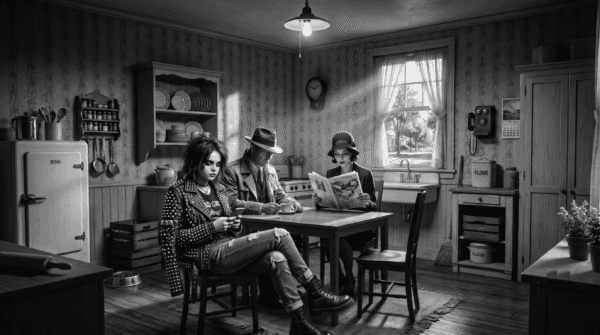 Cyber-noir. Family with cyber punk daughter sit at a kitchen table