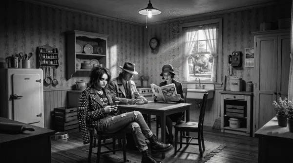 Cyber-noir. Family with cyber punk daughter sit at a kitchen table