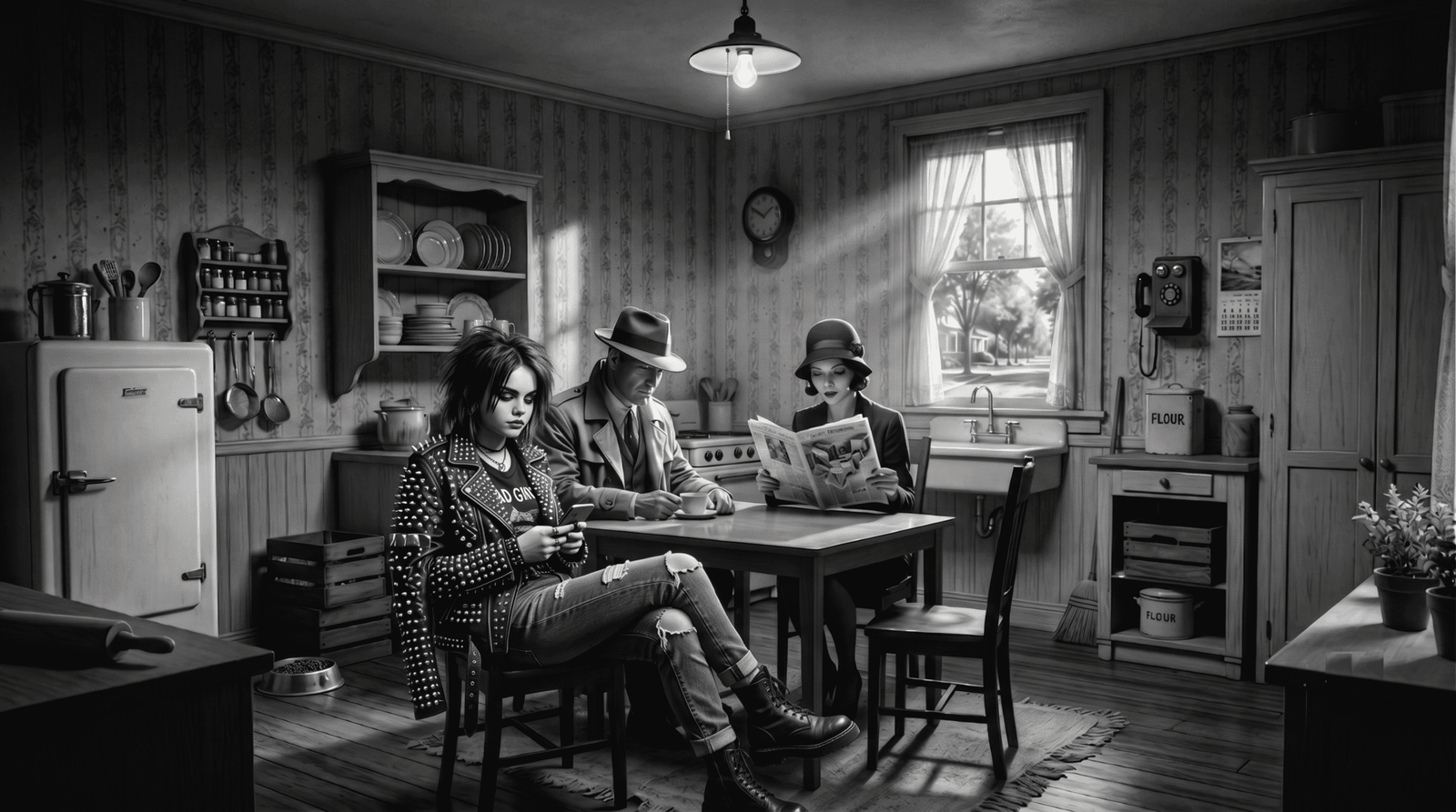 Cyber-noir. Family with cyber punk daughter sit at a kitchen table