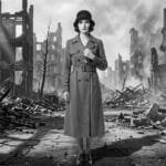 Noir. Black and white. A Noir AI super woman stands in the rubble of a burned out World that Refused to Learn