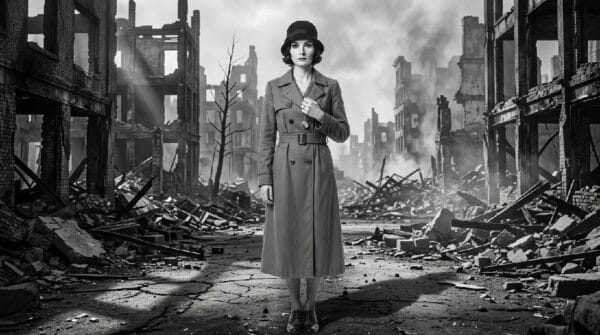 Noir. Black and white. A Noir AI super woman stands in the rubble of a burned out World that Refused to Learn