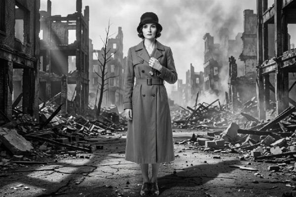 Noir. Black and white. A Noir AI super woman stands in the rubble of a burned out World that Refused to Learn