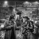 Noir detective Jack Hammer interviews a tourist at the City of Ash Border Crossing.