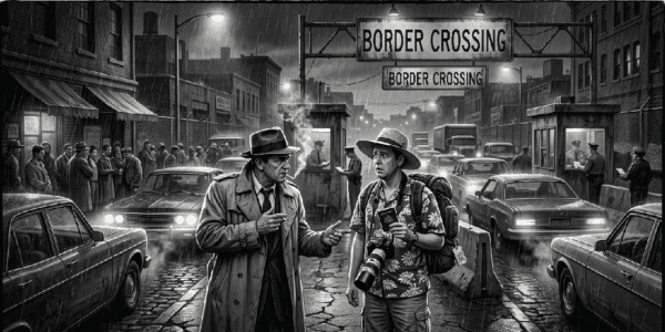 Noir detective Jack Hammer interviews a tourist at the City of Ash Border Crossing.