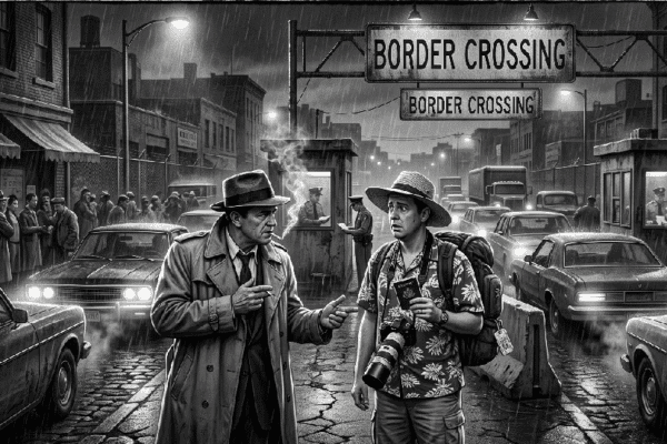 Noir detective Jack Hammer interviews a tourist at the City of Ash Border Crossing.