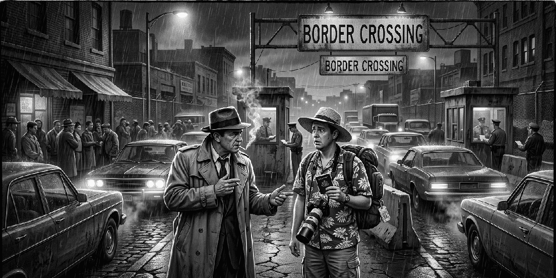 Noir detective Jack Hammer interviews a tourist at the City of Ash Border Crossing.
