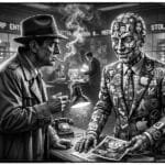 Noir. Black and white. A noir detective speaking to a slick, vaguely corporate entity in a brokerage house, Its form is a patchwork of stolen avatars and discarded brand logos.