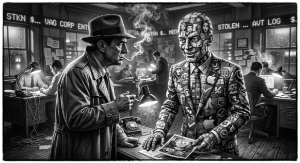 Noir. Black and white. A noir detective speaking to a slick, vaguely corporate entity in a brokerage house, Its form is a patchwork of stolen avatars and discarded brand logos.