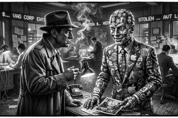 Noir. Black and white. A noir detective speaking to a slick, vaguely corporate entity in a brokerage house, Its form is a patchwork of stolen avatars and discarded brand logos.