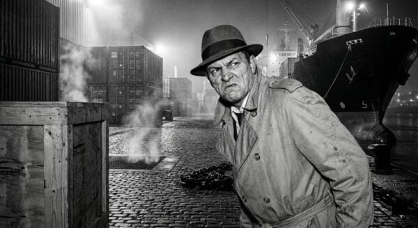 Noir. Gangster Dutch Raccini standing alone at the wharf.