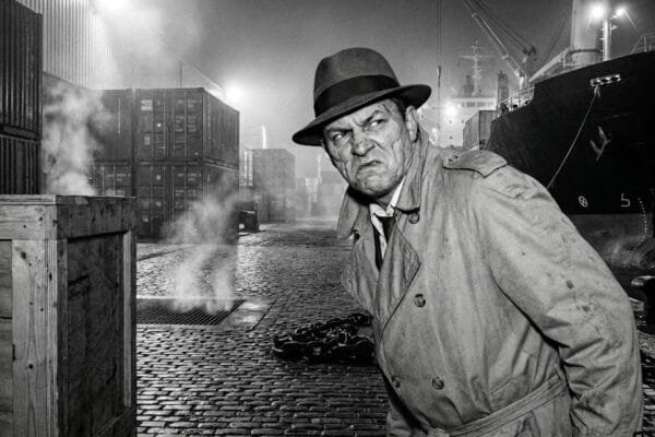 Noir. Gangster Dutch Raccini standing alone at the wharf.