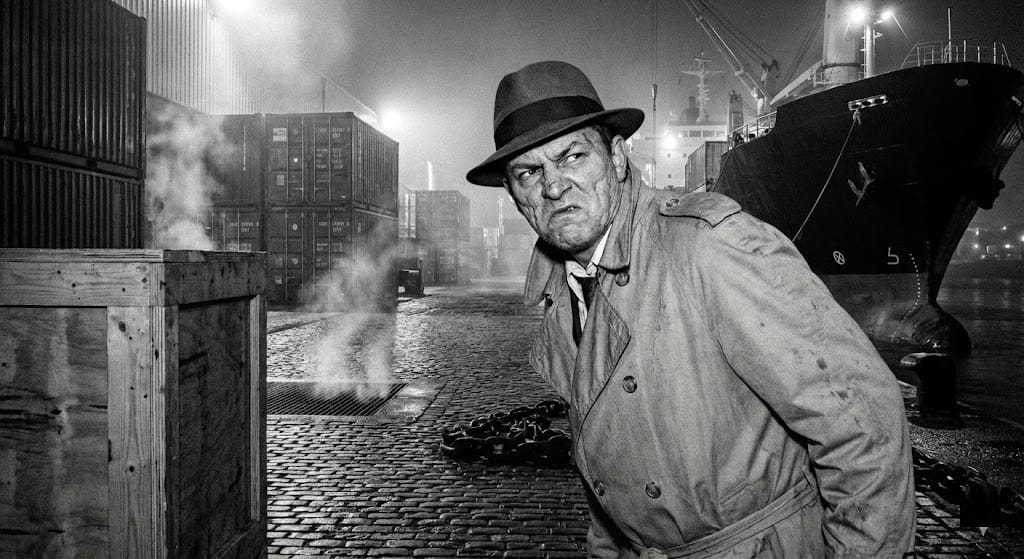 Noir. Gangster Dutch Raccini standing alone at the wharf.