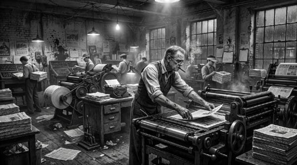 Noir. Black and white. A publisher operates and old fashion news paper print shop.