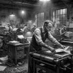 Noir. Black and white. A publisher operates and old fashion linotype news paper print shop.