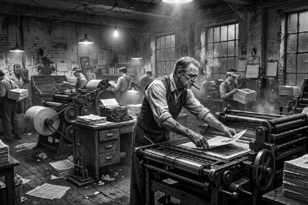 Noir. Black and white. A publisher operates and old fashion linotype news paper print shop.