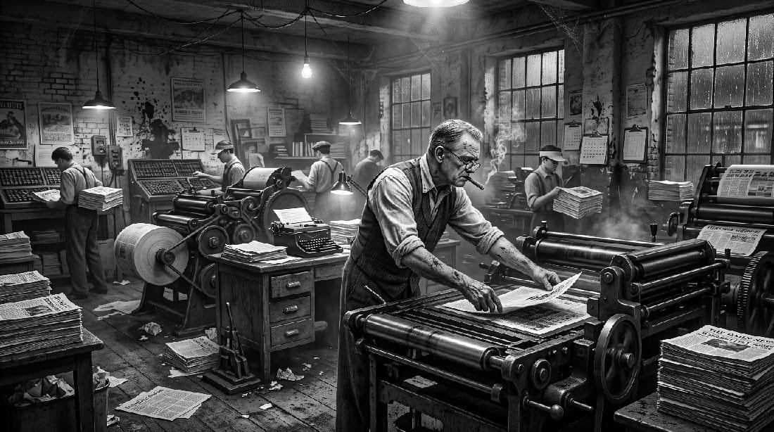 Noir. Black and white. A publisher operates and old fashion news paper print shop.