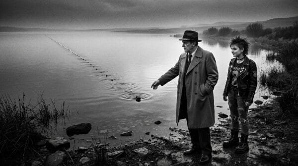 Noir. Black and white. A noir detective and his 20 year old, Punk Rock daughter stand in front of a country lake that stretches to the horizon. The detective has skipped a stone across the lake and the stone goes on forever.