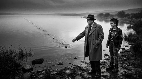 Noir. Black and white. A noir detective and his 20 year old, Punk Rock daughter stand in front of a country lake that stretches to the horizon. The detective has skipped a stone across the lake and the stone goes on forever.