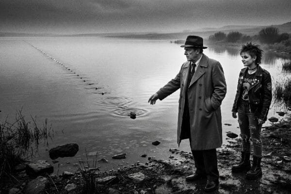 Noir. Black and white. A noir detective and his 20 year old, Punk Rock daughter stand in front of a country lake that stretches to the horizon. The detective has skipped a stone across the lake and the stone goes on forever.