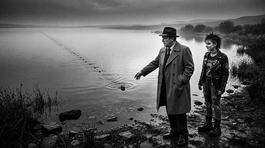 Noir. Black and white. A noir detective and his 20 year old, Punk Rock daughter stand in front of a country lake that stretches to the horizon. The detective has skipped a stone across the lake and the stone goes on forever.