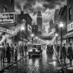 Noir. Black and white. A busy Noir city block. On one side of the street is a bar with a sign that reads "Meta's Synth-Whiskey". On the other side, a store front with a sign that reads "The 10-Cent Exchange".