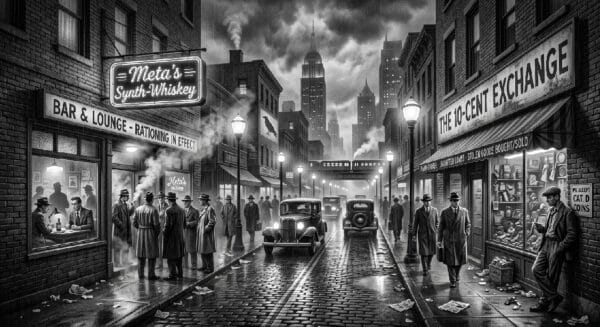 Noir. Black and white. A busy Noir city block. On one side of the street is a bar with a sign that reads "Meta's Synth-Whiskey". On the other side, a store front with a sign that reads "The 10-Cent Exchange".