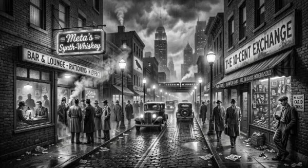 Noir. Black and white. A busy Noir city block. On one side of the street is a bar with a sign that reads "Meta's Synth-Whiskey". On the other side, a store front with a sign that reads "The 10-Cent Exchange".