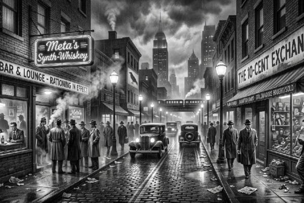 Noir. Black and white. A busy Noir city block. On one side of the street is a bar with a sign that reads "Meta's Synth-Whiskey". On the other side, a store front with a sign that reads "The 10-Cent Exchange".