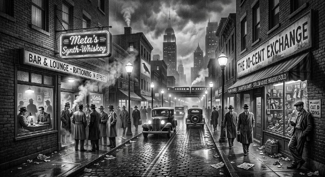 Noir. Black and white. A busy Noir city block. On one side of the street is a bar with a sign that reads "Meta's Synth-Whiskey". On the other side, a store front with a sign that reads "The 10-Cent Exchange".