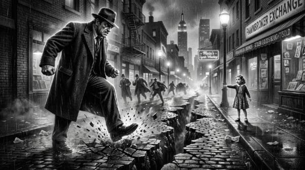Noir. Black and white. A large Gangster brute has stomped his foot down causing a chasm to open up down the middle of the street. At the other end of the street a little girl points down at the chasm that is racing towards her.