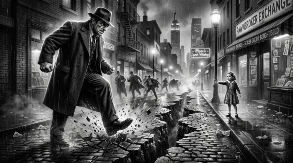 Noir. Black and white. A large Gangster brute has stomped his foot down causing a chasm to open up down the middle of the street. At the other end of the street a little girl points down at the chasm that is racing towards her.