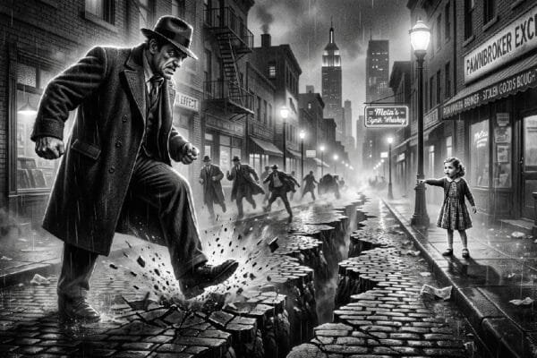 Noir. Black and white. A large Gangster brute has stomped his foot down causing a chasm to open up down the middle of the street. At the other end of the street a little girl points down at the chasm that is racing towards her.