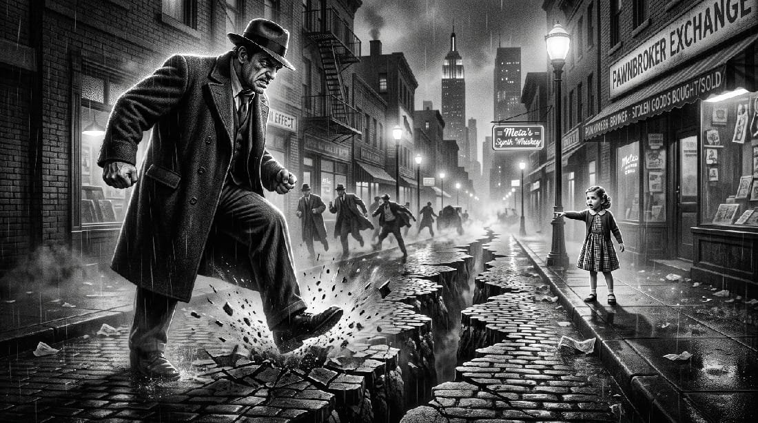 Noir. Black and white. A large Gangster brute has stomped his foot down causing a chasm to open up down the middle of the street. At the other end of the street a little girl points down at the chasm that is racing towards her.
