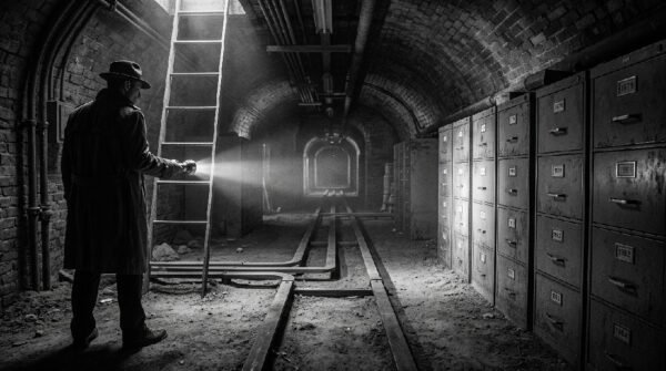 Basement arched brick corridor crisscrossed with heavy copper busbars as thick as a man’s wrist that stretches fifty yards into the sub-stratum with rows of gray steel filing cabinets that stand seven feet high, their drawer faces stamped with dates from nineteen-seventy-eight to nineteen-eighty-four.