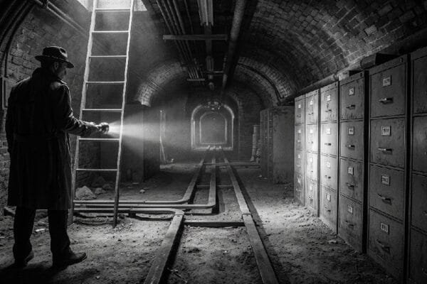 Basement arched brick corridor crisscrossed with heavy copper busbars as thick as a man’s wrist that stretches fifty yards into the sub-stratum with rows of gray steel filing cabinets that stand seven feet high, their drawer faces stamped with dates from nineteen-seventy-eight to nineteen-eighty-four.